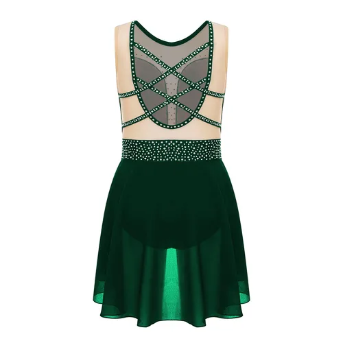 Imagen 2 del producto Traje de actuación de danza lírica para niñas, vestido de leotardo sin mangas con diamantes de imitación, tutú de Ballet, Ropa de baile para patinaje artístico gimnástico
