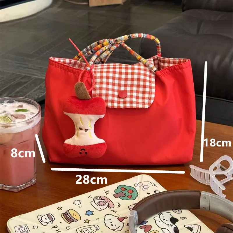 

Korean Style Large Capacity Red Single Shoulder Handbag Plaid Canvas Bag Versatile Student Commuter Casual Tote Bag for Women