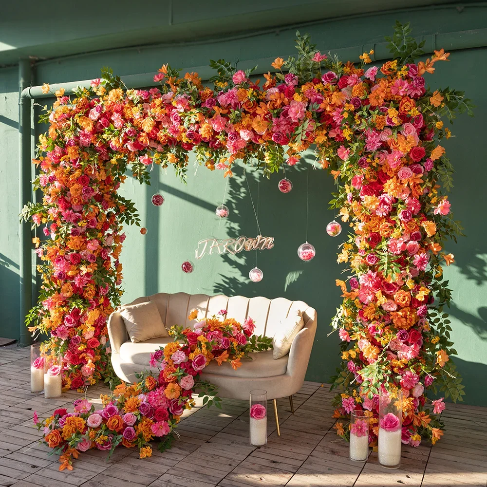 Luxury Orange Pink  Artificial Rose Greenery Flower Arrangement for Wedding Backdrop Decor Customized Gender Reveal Decorations