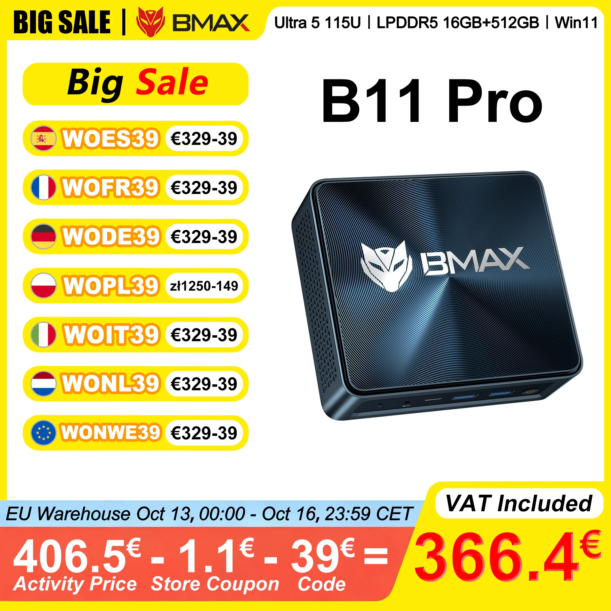 BMAX B11 Pro Mini-PC Intel Ultra 5 115U 16GB LPDDR5 4400MHz RAM 512GB SSD Windows 11 WiFi 6 USB HDMI Typ-C Bluetooth 5.2