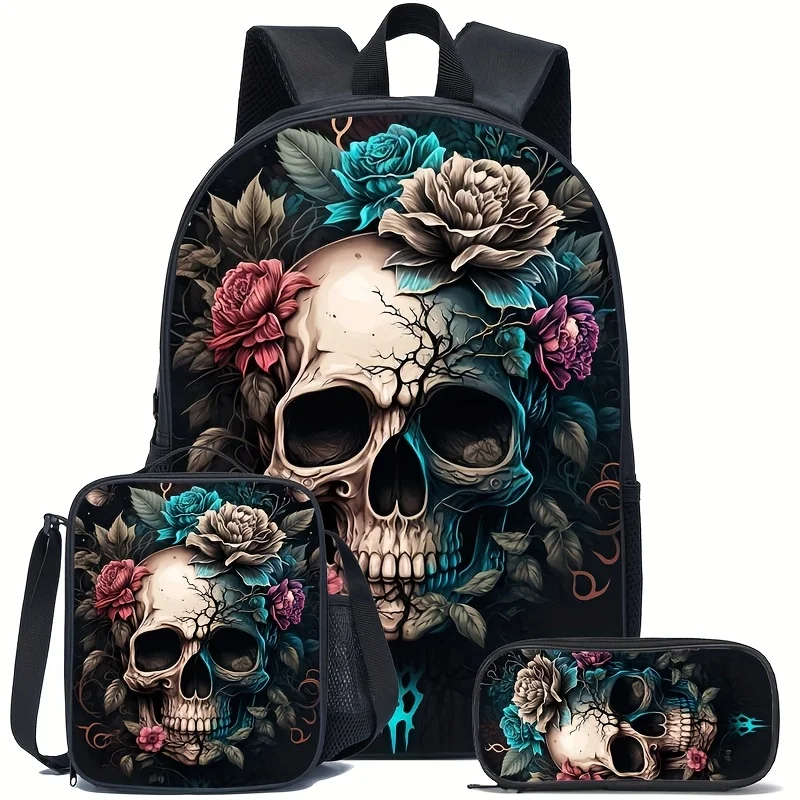 

Skull Head Black Large Capacity Backpack 3pcs Set. Student Children Casual Book Bag