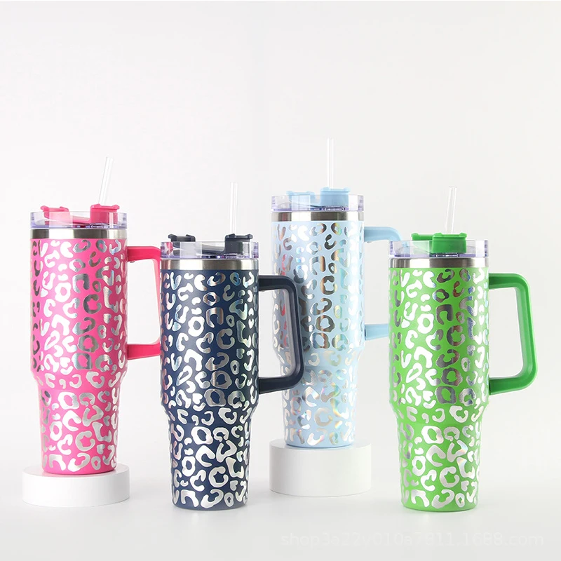 40oz Laser leopard print Thermos Vacuum Cup with Handle Stainless Steel Travel In-Car Thermos Bottle Coffee Insulated Flasks