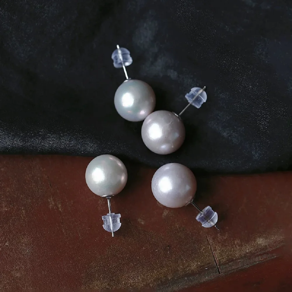 1 pair/natural Japanese white round pearl earrings 925s AAA10-11mm