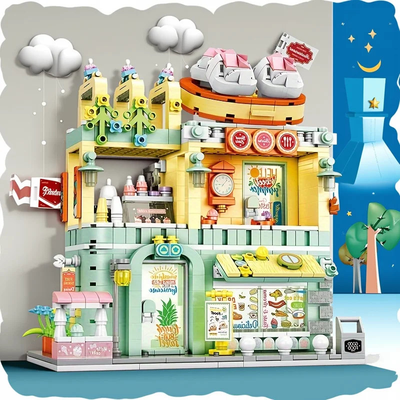 MOC Snack Street Pizza Shop Restaurant Store Building Block Set Commodity Store Modern House DIY Toys For Children Holiday Gifts