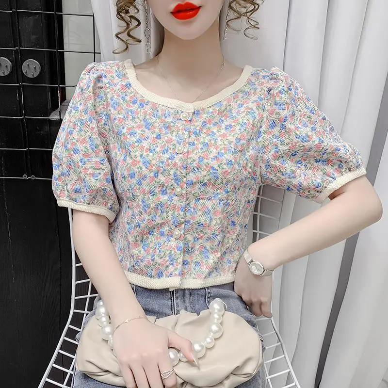 2024 Summer New Fashion Sweet Printed Short Sleeve Shirts Tops Crew Neck Loose Single-breasted Shorts Women\'s Clothing Blouses