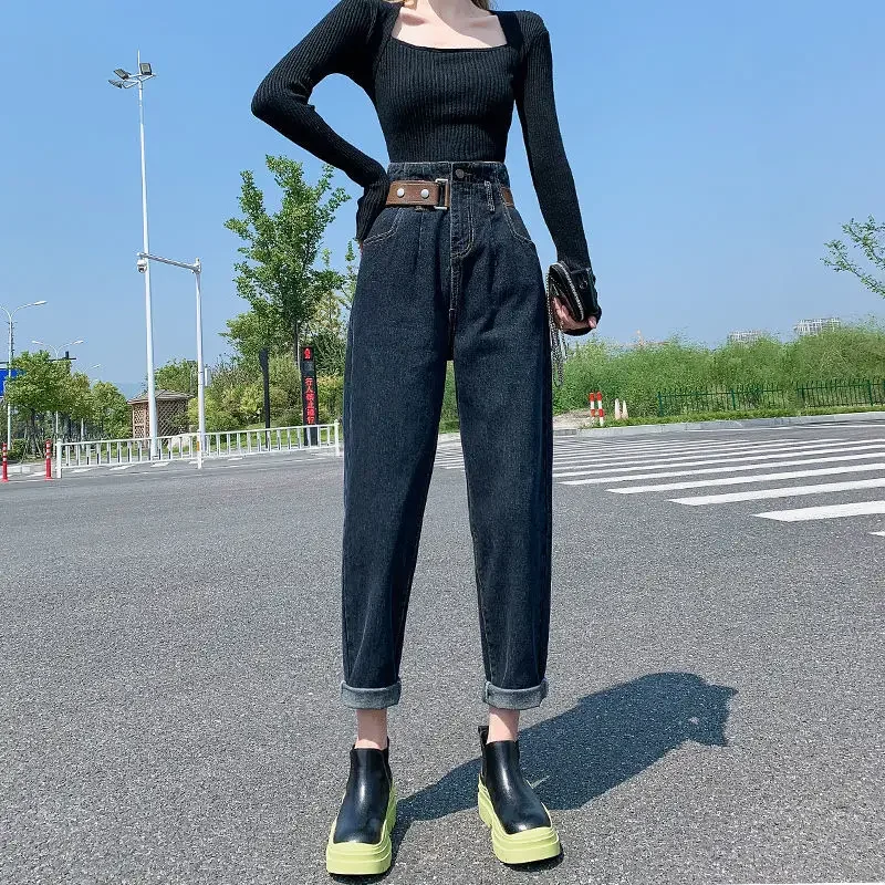 New Korean Fashion Blue Slouchy Baggy Jeans Women High Waisted Belt Trousers Woman Boyfriends Girls Loose Haren Denim Pants 2