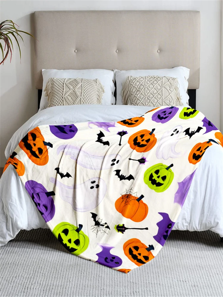 قطعة واحدة من بطانية الفانيلا متعددة الألوان بطابع الهالوين، ناعمة، مناسبة للأريكة والسرير والمكتب والاستخدام لجميع المواسم.