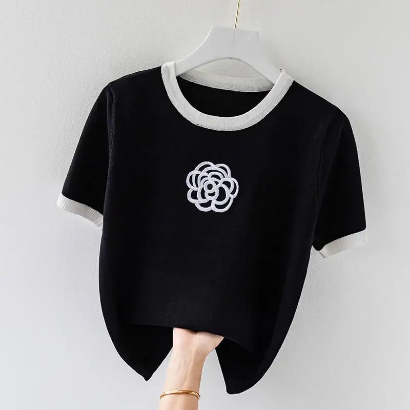 Knitted T Shirt for Women Summer Flower Embroidery Designer Luxury Clothes Slim Tops  Women's Short Fashion Short Sleeve T-shirt