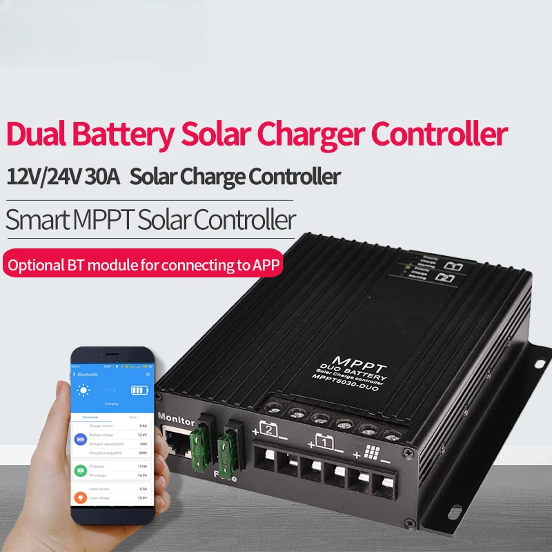 30A MPPT Controller Support Bluetooth APP LCD 12V/24V for Lead-acid Lithium Dual Battery Solar Charger Controller MPPT 30A