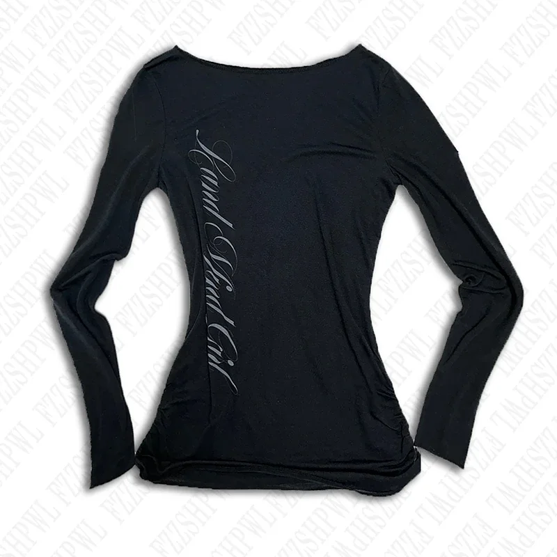 

American Retro Gothic Loose Punk Emo Girl Long Sleeve T-shirt Sexy Slim Fashion Letter Printing Ultra-Thin Spring And Summer Top