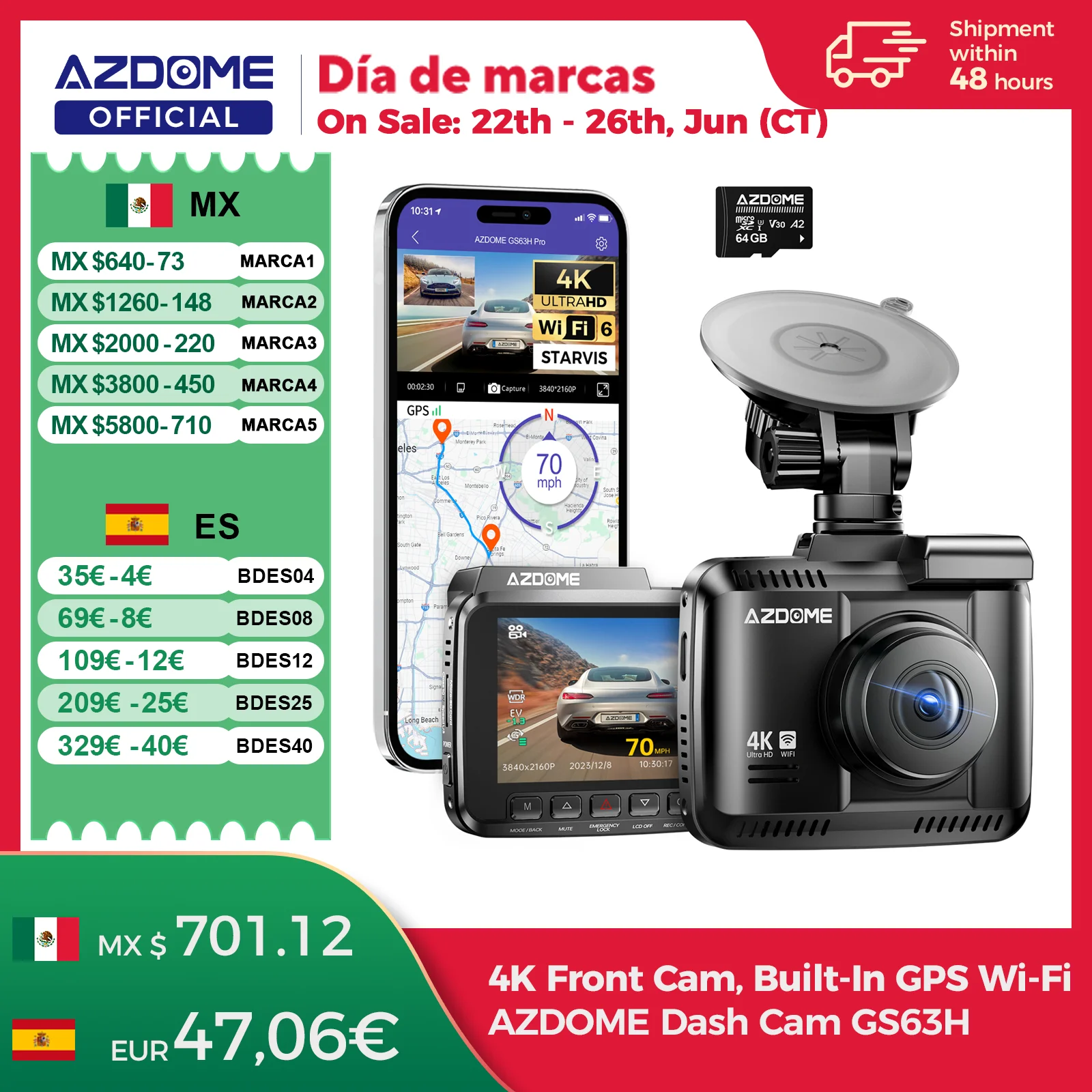 AZDOME Dash Cam GS63H 4K GPS incorporado Wi-Fi Dash cámara de coche con Starvis 2,4 "pantalla WDR visión nocturna coche DVR aparcamiento Monito