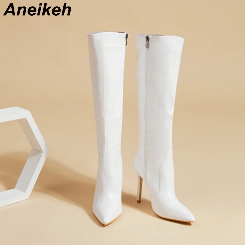 Aneikeh Women\'s Fashion Sexy Pointed Thin Heel Knee High Long Boots 2024 Spring/Autumn PU  Panel Side Zipper Boots Designer35-42