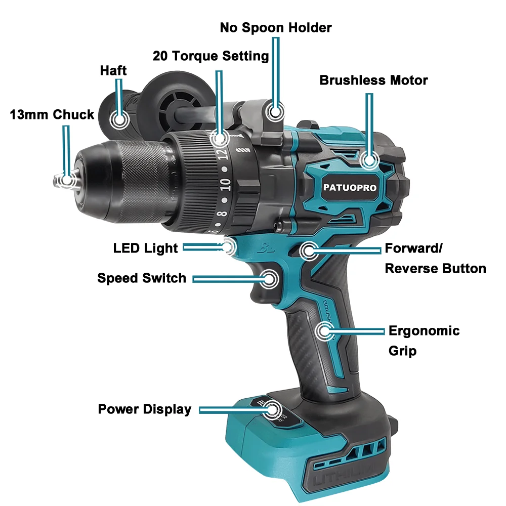PATUOPRO 220N.m Brushless Electric Hammer Drill Cordless 13MM Hammer Drill 3 Functions Impact Drill Tools For Makita 18v Battery