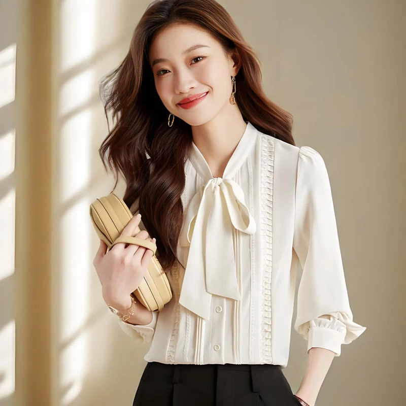 

Chic Must-Have French-Inspired Folds Bow-Tie Chiffon Shirts For Women All-Match Long Sleeve Tops with Korean Elegance