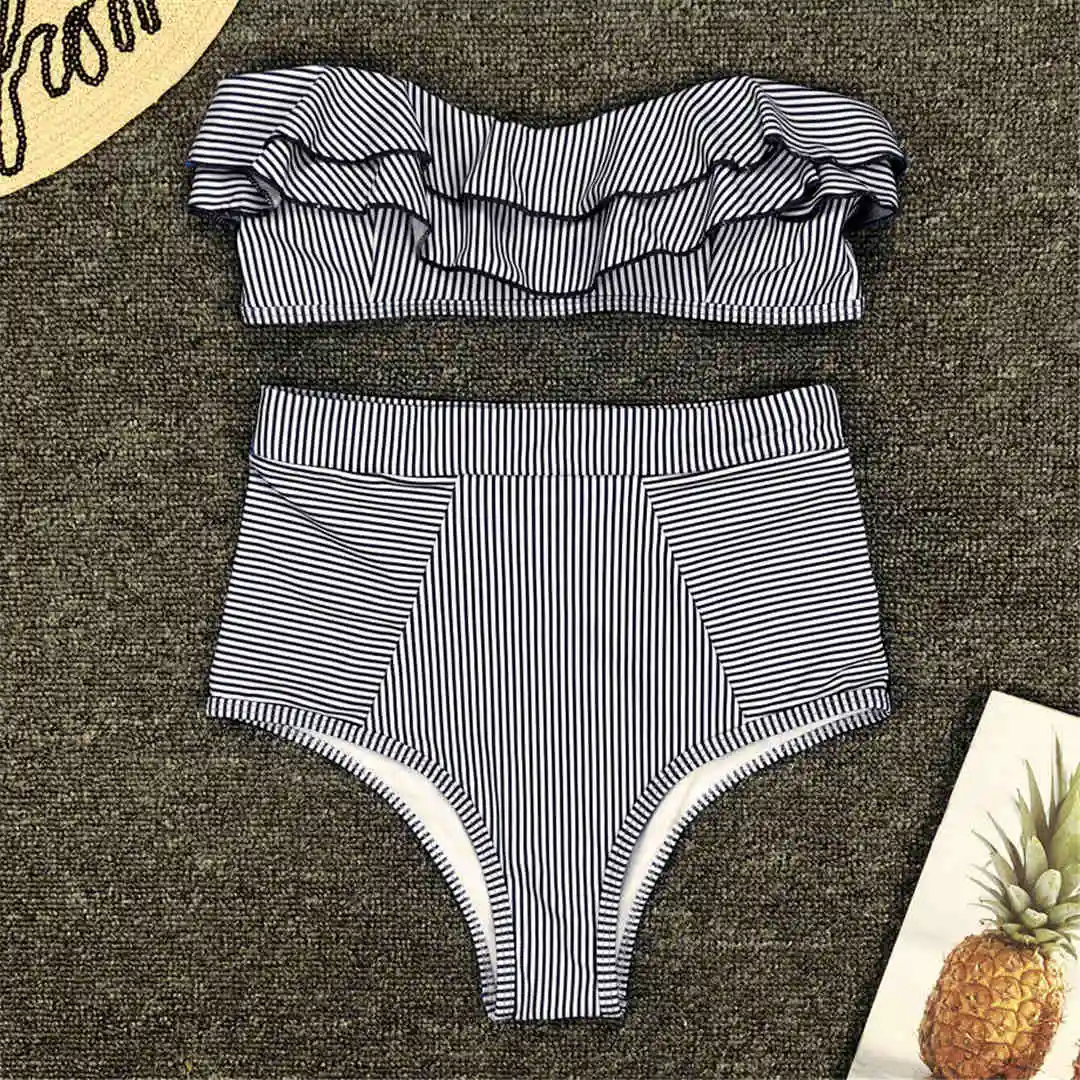 Gestreifter Bandeau-Bikini mit Rüschen, Damen-Badeanzug, hochtailliert, zweiteiliger Bikini, Badebekleidung, Badeanzug, Modell V1183. – Detail 16