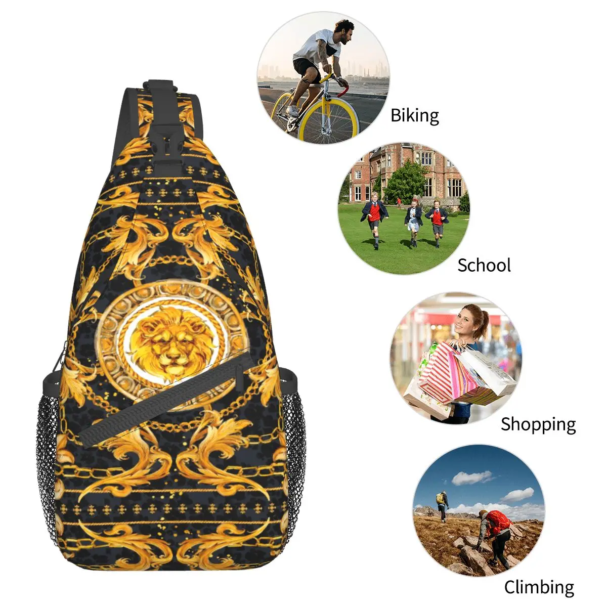 Chal de lujo de encaje dorado, bandolera pequeña para el pecho, mochila de hombro para deportes al aire libre, mochilas escolares con estampado de acuarela