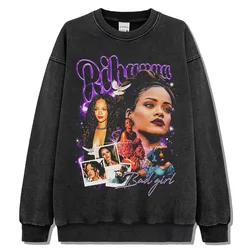 American Hip-hop Rihanna Print Round Neck Sweatshirt High Street Heavyweight Washed Sweatshirt