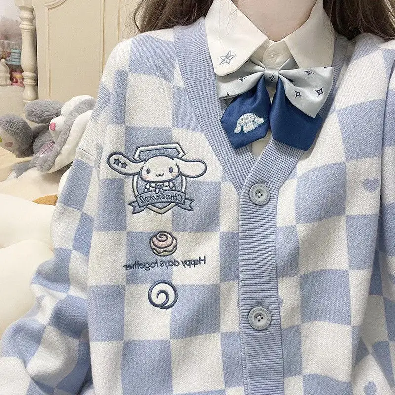 Kawaii Sanrio Sweater Anime Cinnamoroll Jk Uniform Checkerboard Sweater Girl Preppy Coat Cardigan Loose Knitted Sweater Gift