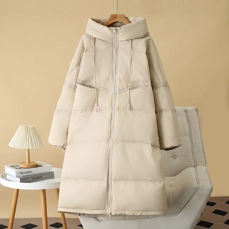 Women Winter Coat Loose Temperament Thickening Oversized Super Long Hooded 50% White Duck Down Warm Jacket 2766