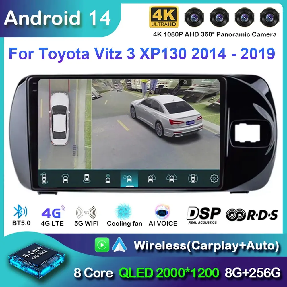 4G Android 14 Radio For Toyota Vitz 3 XP130 2014 2015 2016 2017-2019 Car stereo Multimedia Player Carplay Auto GPS 2DIN NO DVD