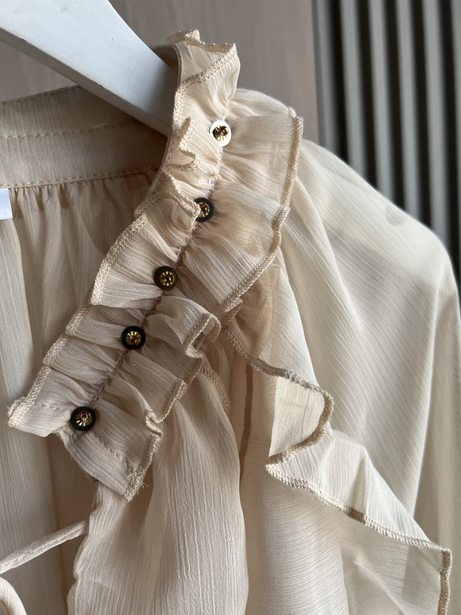 ETJ Spring 2025 New  Women\'s Fashion Translucent fabric beaded rivets decorated V-neck lace ruffled romantic shirt