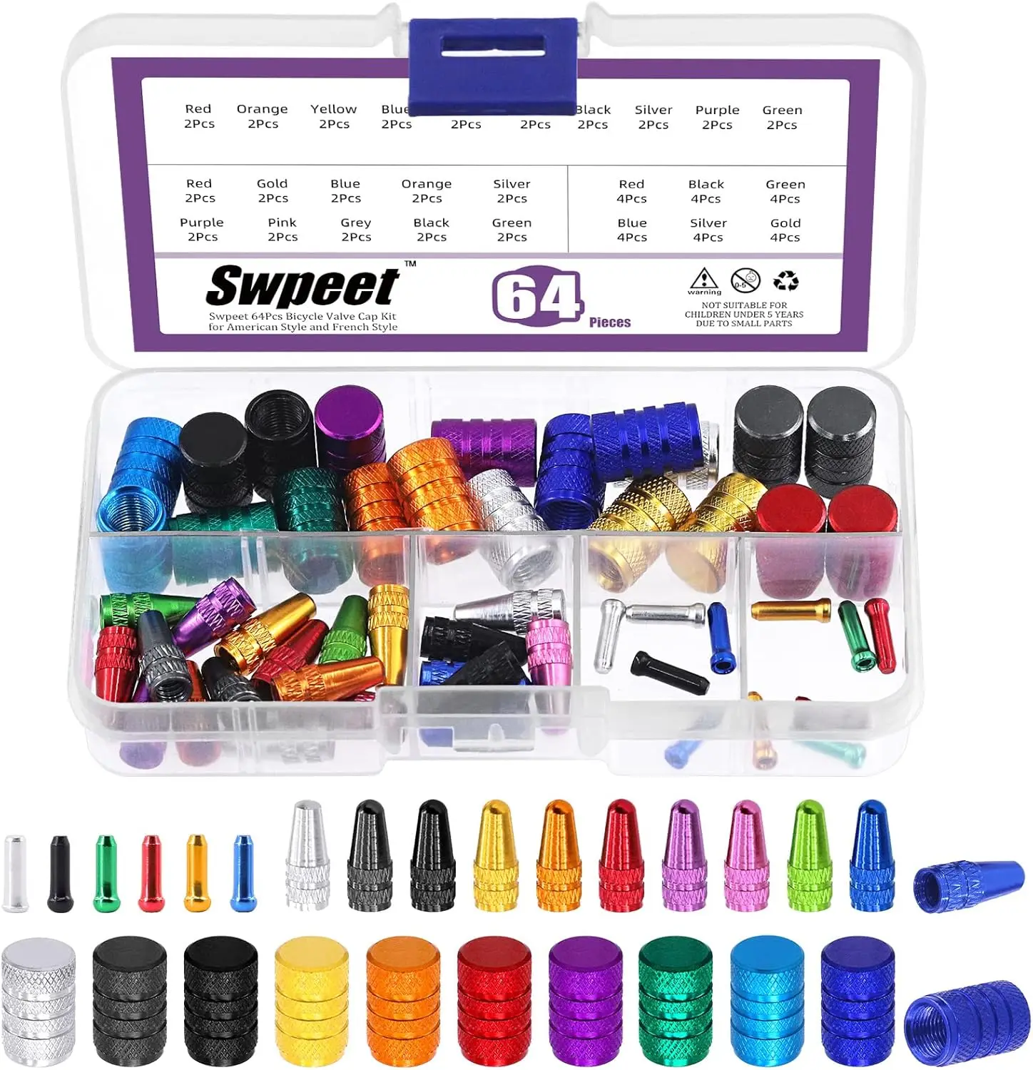 

Swpeet 64Pcs 3 Styles Bike Cable End Caps Assortment Kit, Multi Color Anodized Aluminum Alloy Cycling Valve Cap Adapter Cap Bicy