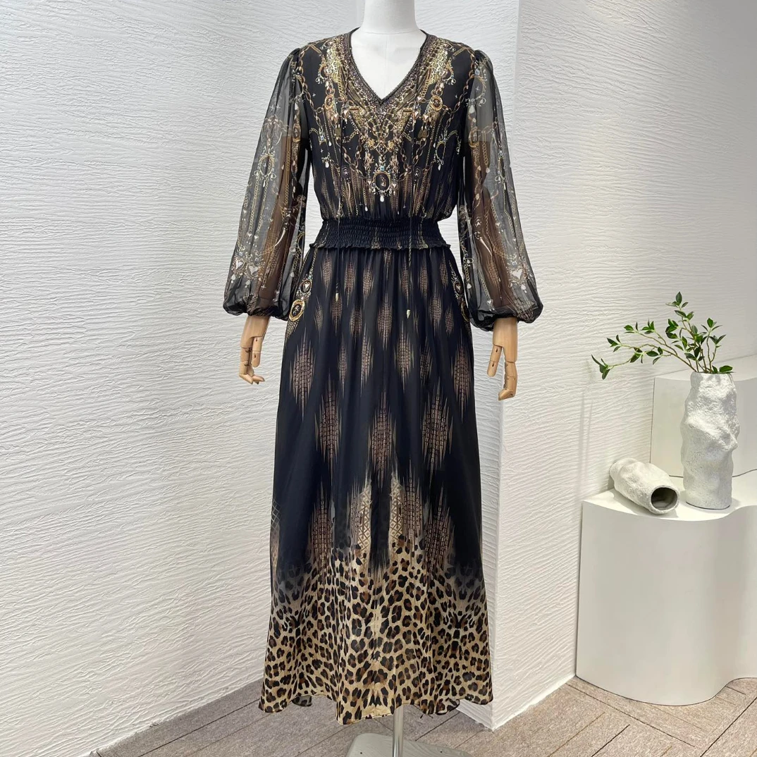 High Quality Spring Summer V-Neck Black Animal Print Long Sleeve Elastic Waist Silk Midi Dress