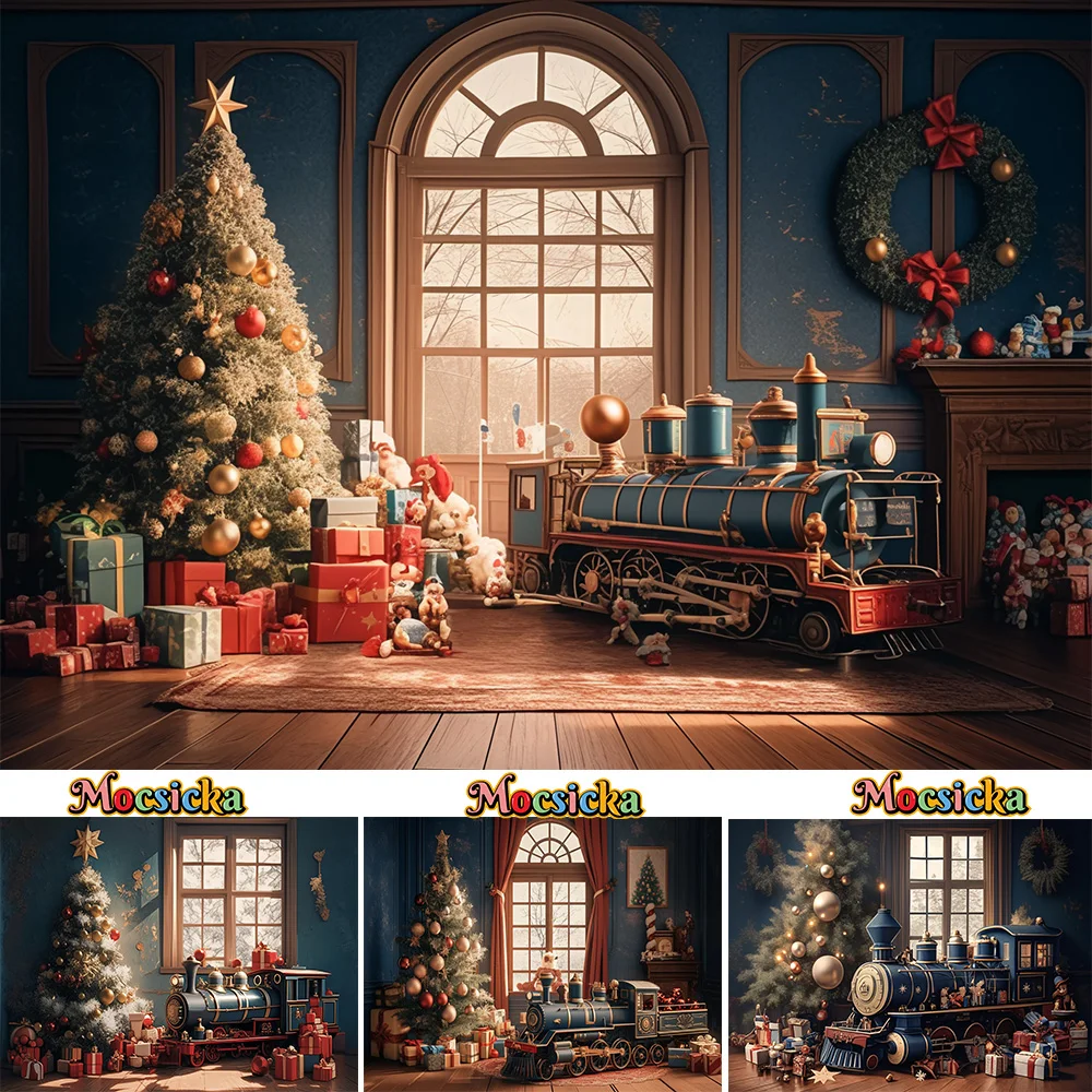 Christmas Photography Background Retro Blue Train Gift House Xmas Tree Window Backdrop Wooden Floor Decor Kid Family PhotoStudio