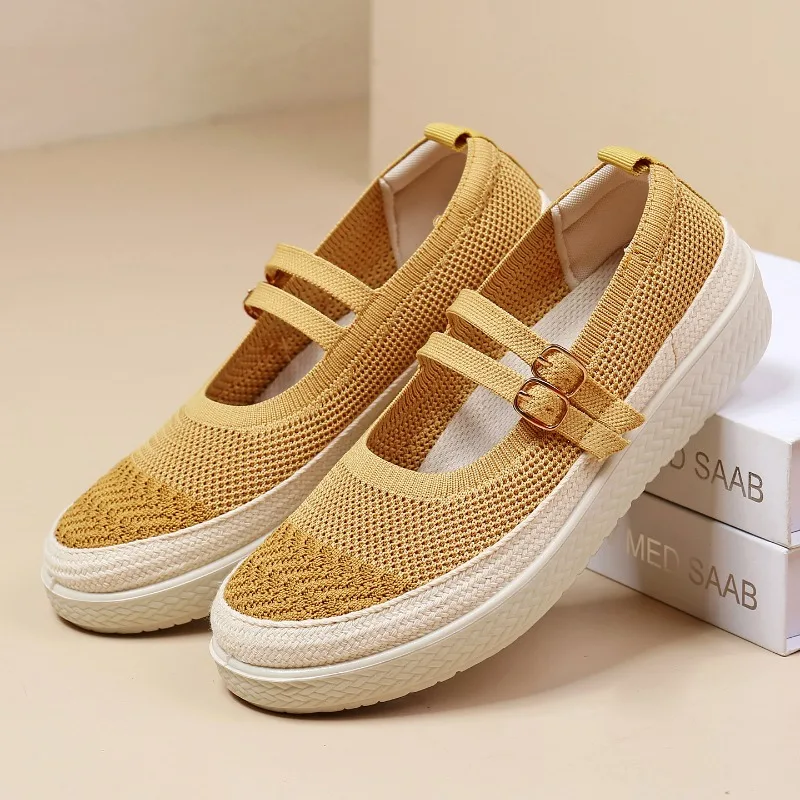 

Plus Size Women's Casual Mary Jane Flats Knit Mesh Breathable Adjustable Buckle Soft Non-slip Sole All Season Comfortable Shoes