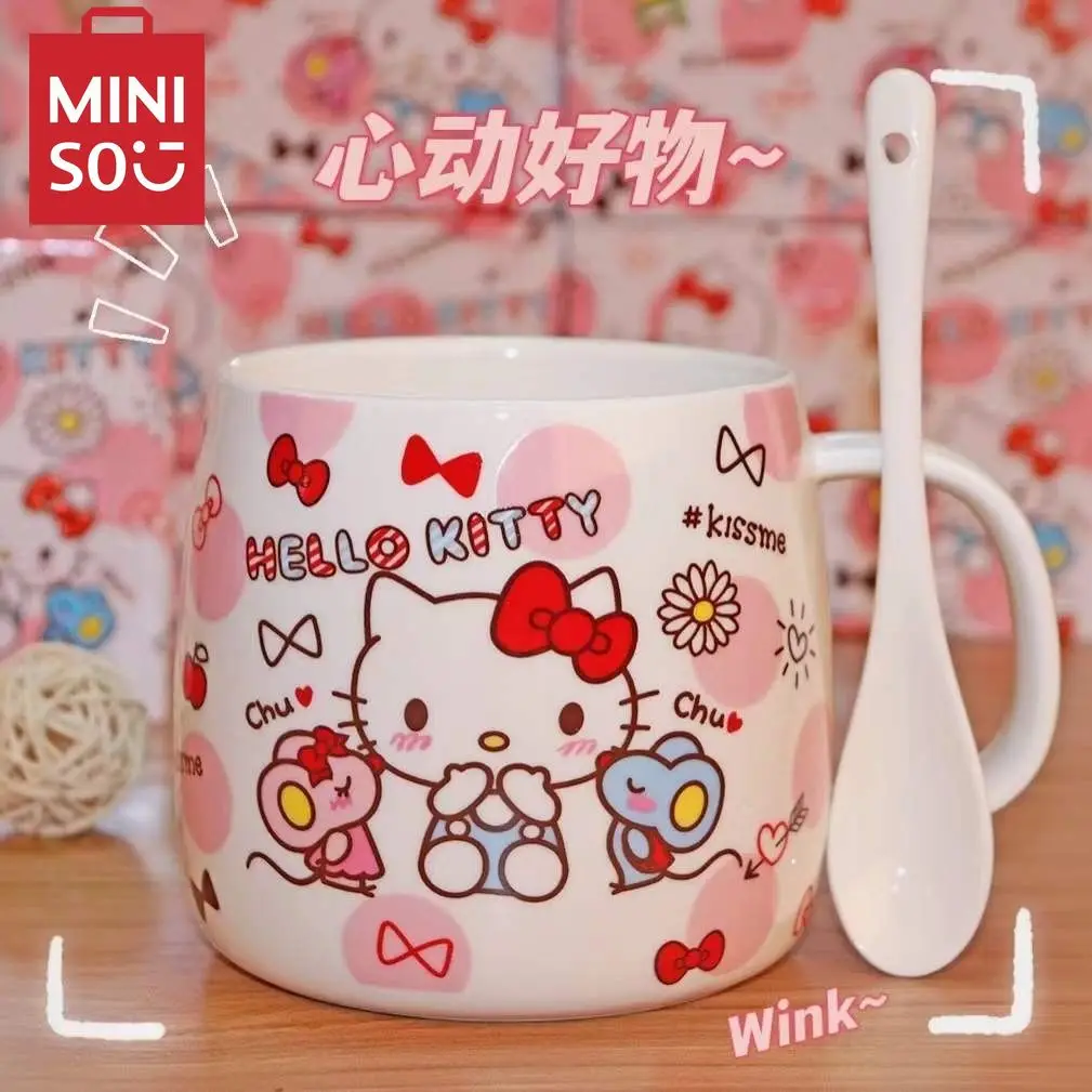 

MINISO 2pcs Cute Hello Kitty Mug Cute Ceramic Mug Girls Large Capacity Hello Kitty Drinking Coffee Ceramic Mug with Spoon