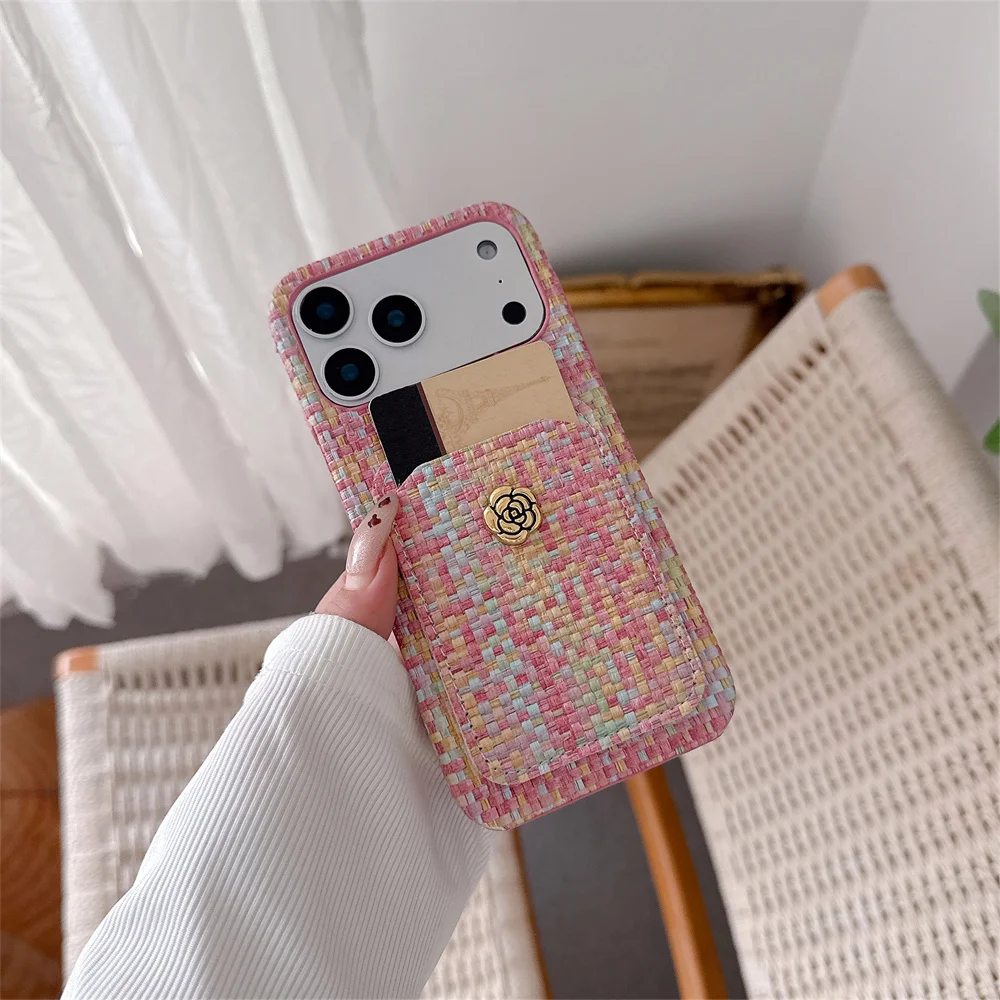 

17 Pro Max C Style Elegant Metal Camellia Tweed Texture Phone Case for iPhone 16 15 14 13 Pro Chic Card Slot Holder Wallet Cover