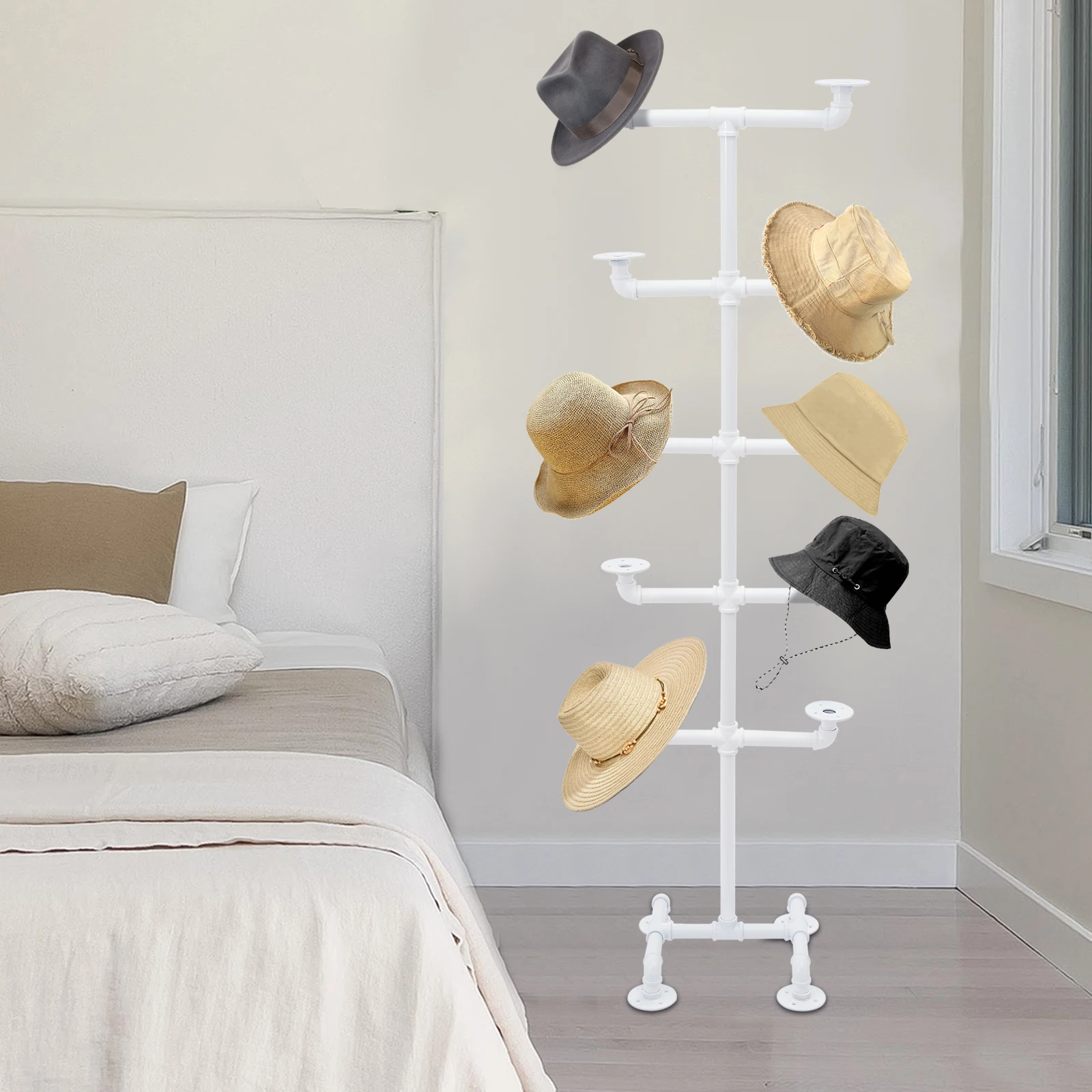 

Industrial Style White Steel Pipe Hat Stand,10 Round Hat Holders Free Standing 44*155cm for Bedrooms,Clothing Stores