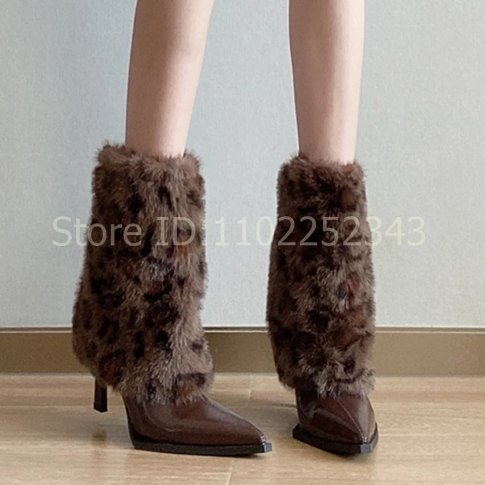 

Hot Girl Furry High Heel Boots Women Pointed Toe Stilettos Fashion Short Boots Black/brown Leather Leopard Print Trouser Boots