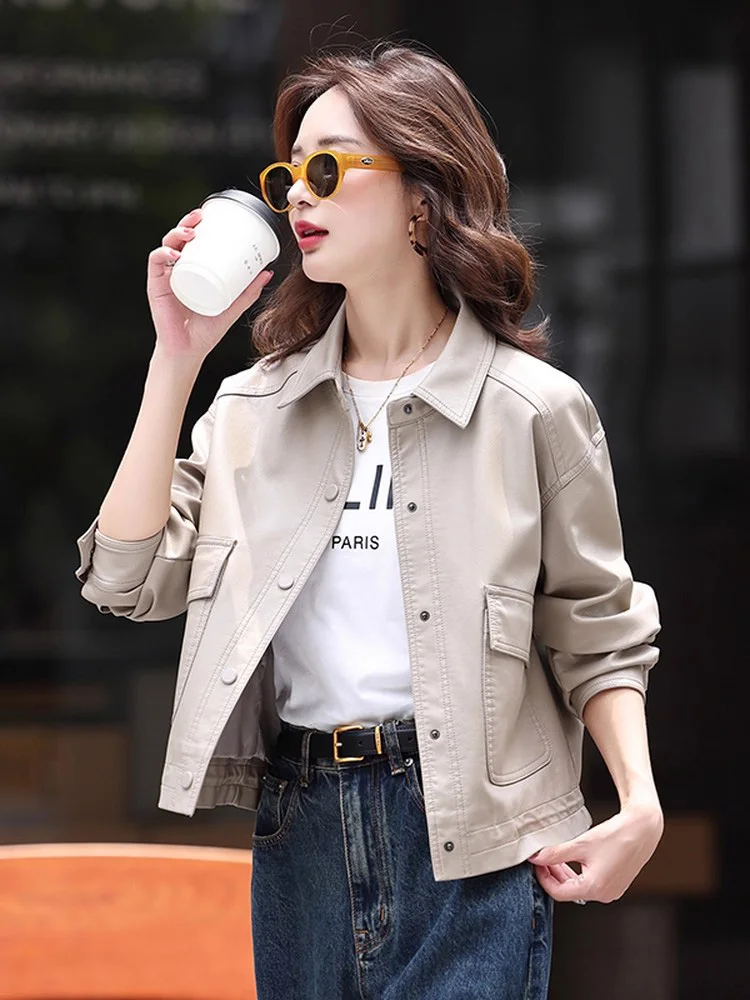 Nouveau Femmes AmpleRefente de cuir Veste Printemps Automne Mode Simple boutonnage Cordon de serrage à l'ourlet Décontracté Manteau en Refente de cuir Vêtements d'extérieur pour femmes