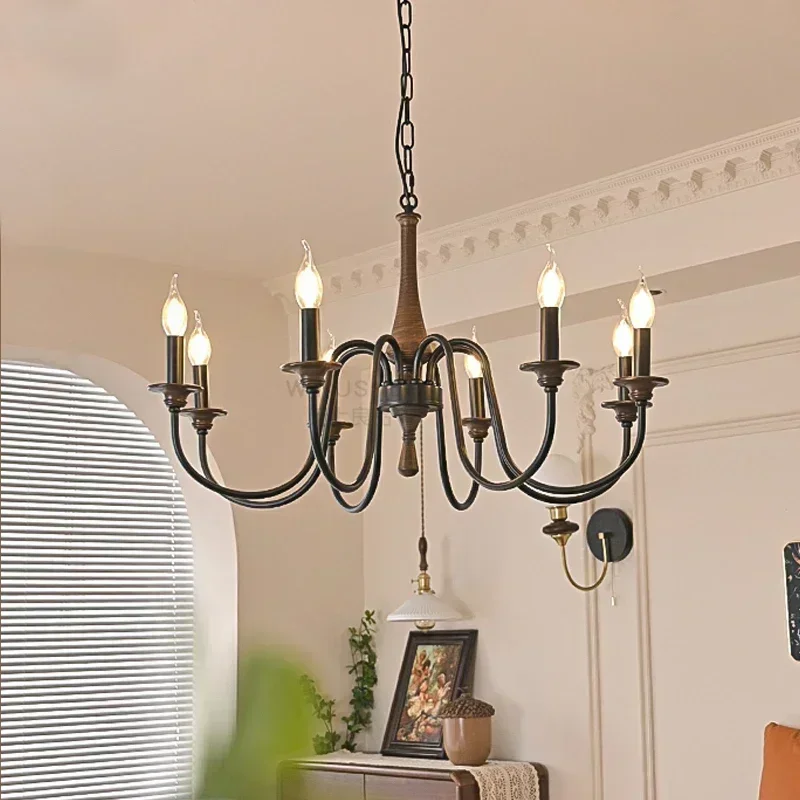 Home Decoration Salon Chandeliers Nordic Retro Solid Wood Wrought Iron Candle Led Lights Bedroom