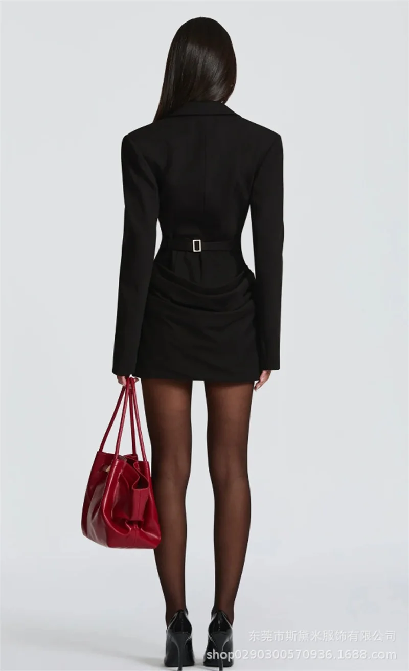 Traje Borgoña para mujer, chaqueta de 1 pieza con bufanda, Sexy, cuello en V, dobladillo con volantes, Mini vestido de fiesta corto, chaqueta Formal de oficina para mujer, abrigo