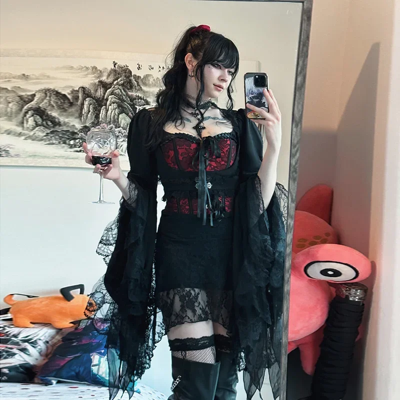 IMU Goth Black Lace Mesh See Through Flared Sleeve Smocks Vintage Elegant Aesthetic Cover Ups Women Crop Tops Autumn New Fashion