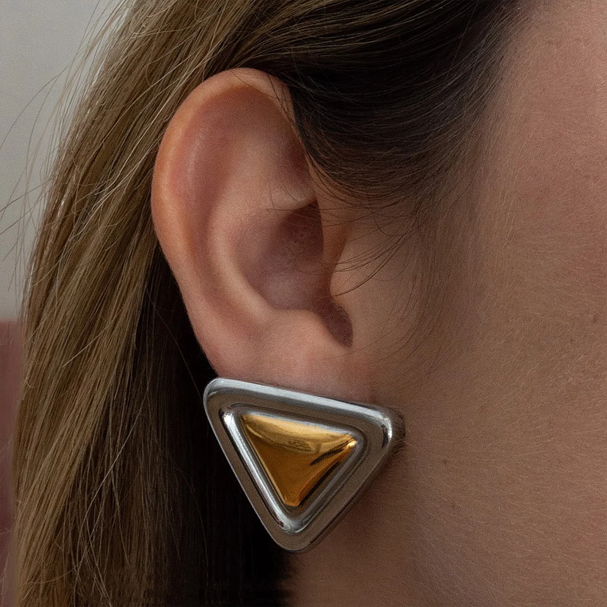 Minimalist Gold and Silver Color-block Triangular Stainless Steel Stud Earrings for Women, High-end Geometric Ear Jewelry