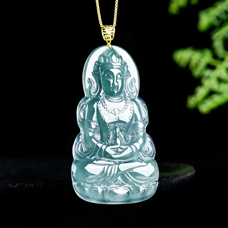 Natural A-grade Jade 18K Gold Buckle Head Blue Water Tara Guanyin Ice Jadeite Pendant High-end Men's Charms Women's Jewelry