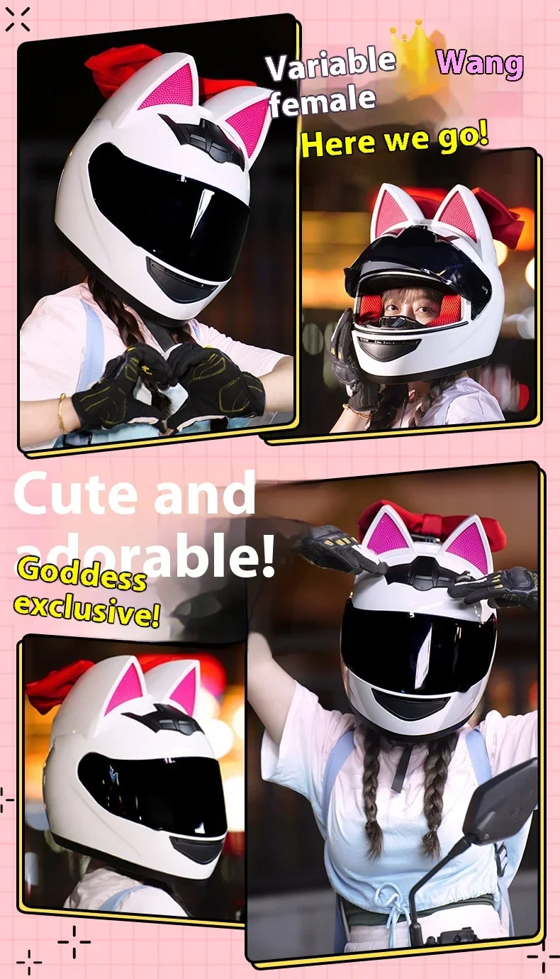 Motorcycle Helmet Men's and Women's Winter Warm Full Helmet Personality Cat Ears Electric Vehicle Safety Protective Helmet