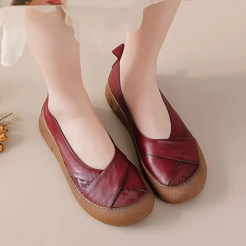 Neue Vintage-Pumps mit plissierter Schleife, Damen-Keilabsatzschuhe, flache Schuhe aus echtem Leder, handgefertigte Slip-On-Loafer für Damen, Retro-Hochzeitsschuhe in Rot. – Detail 32