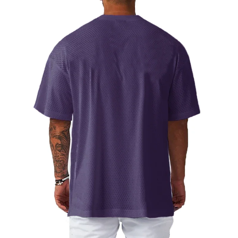 Oversize Loose Short Sleeve Sport T-Shirts Dropped Shoulders Gym Fitness Bodybuilding Shirt Mesh Breathable Quick Dry Men's Tees