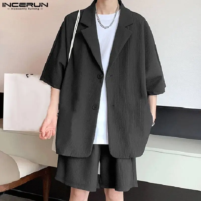 INCERUN 2024 Korean Style Fashion Sets New Men Texture Half Sleeve Loose Suit Shorts Casual Streetwear Male Two Piece Sets S-5XL