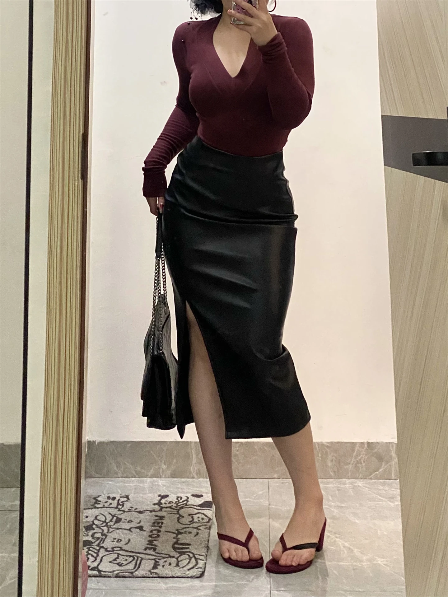 

High Waist PU Leather Skirt Midi A-Line Split Bodycon Half Skirt Korean Style Casual Wear Non-Stretch Zipper Closure Step Dress