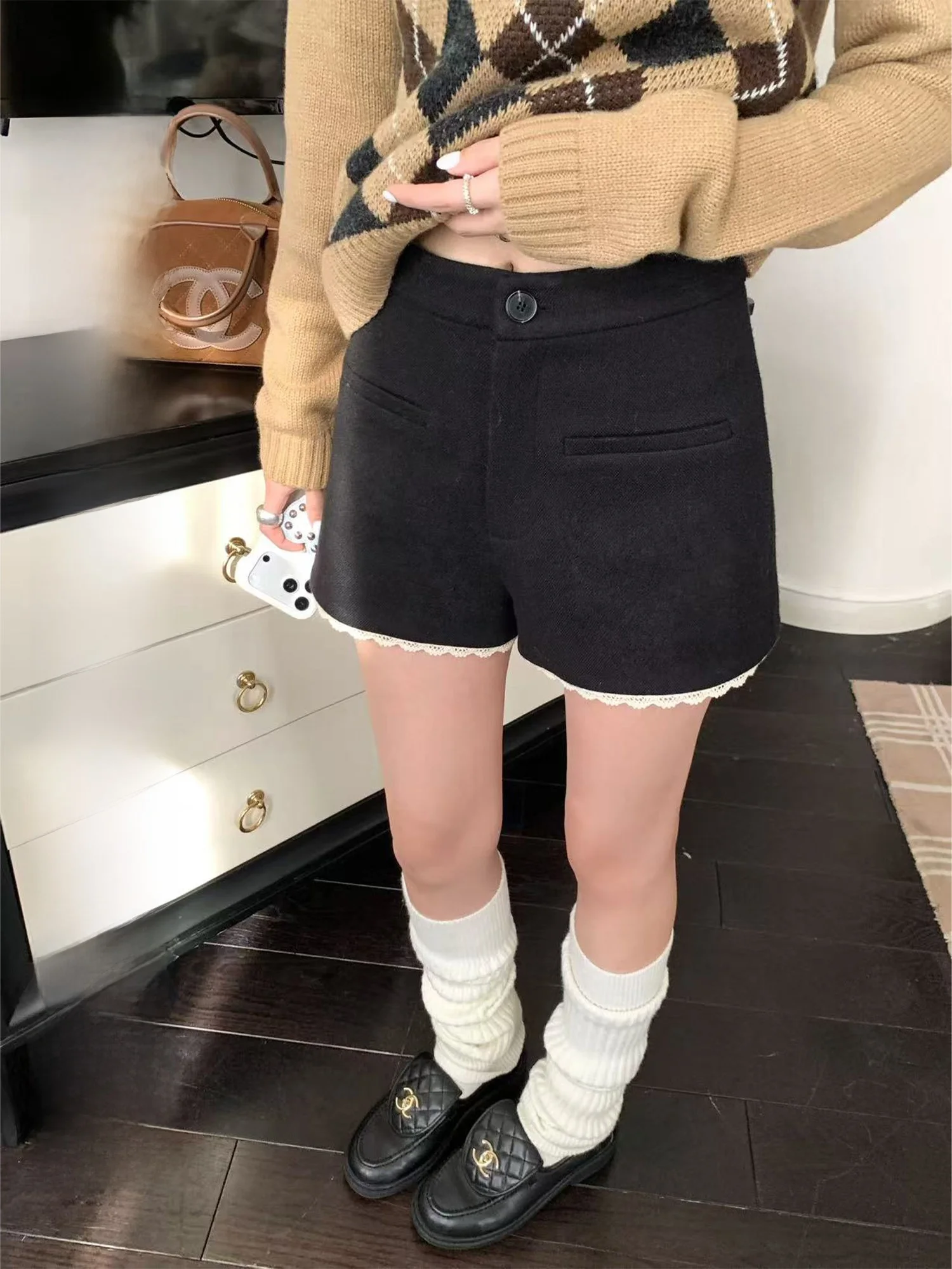 

Брюки Yuzuqi Paris Sweet Dr Bla Lace с высокой талией, широкими штанинами, повседневные, для женщин, осень-зима, с эффектом пэчворк