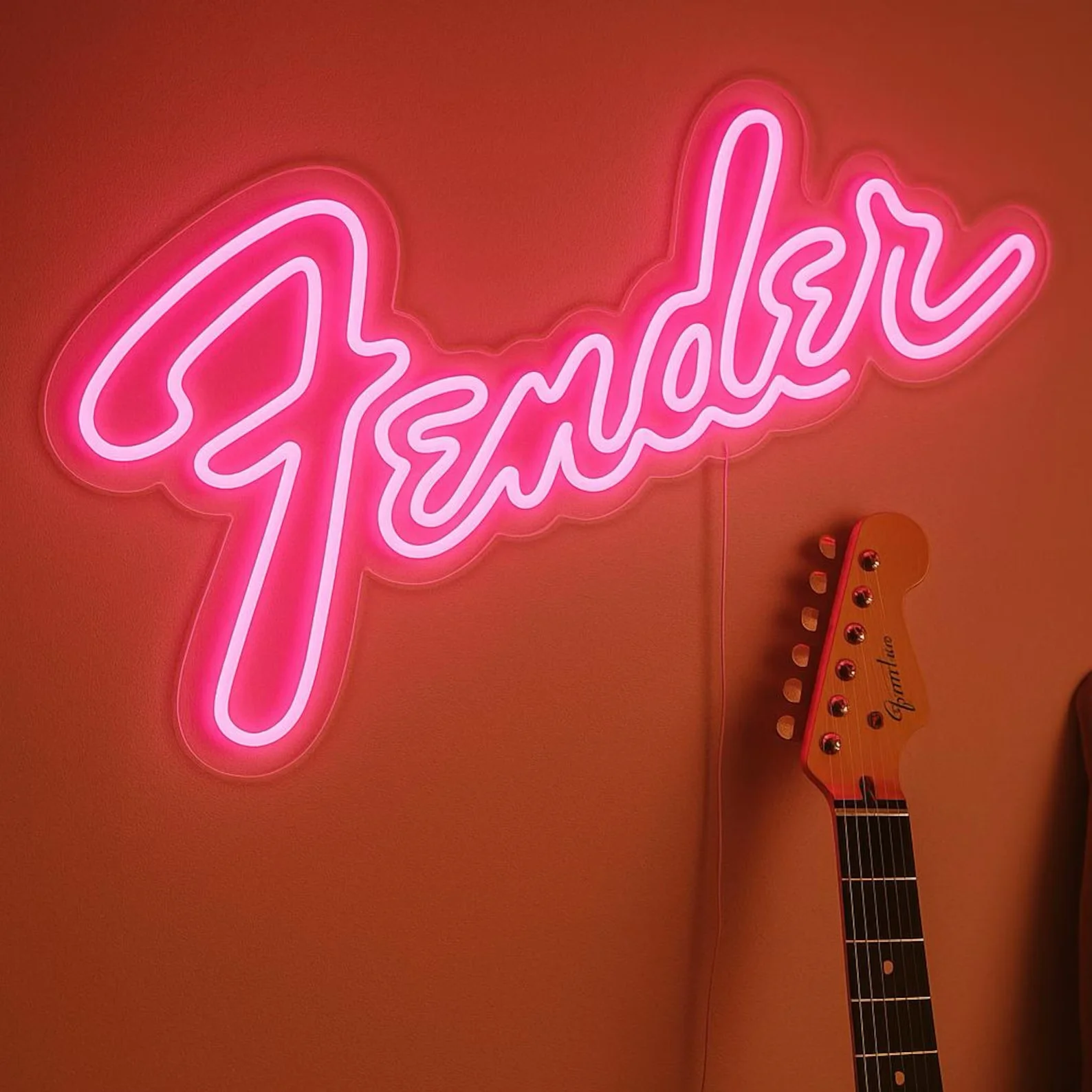 Fender Inspired Neon Sign, Handmade LED Wall Light for Music Studio, Guitar Room & Bar Decor, Rock Sign Gift for Musicians