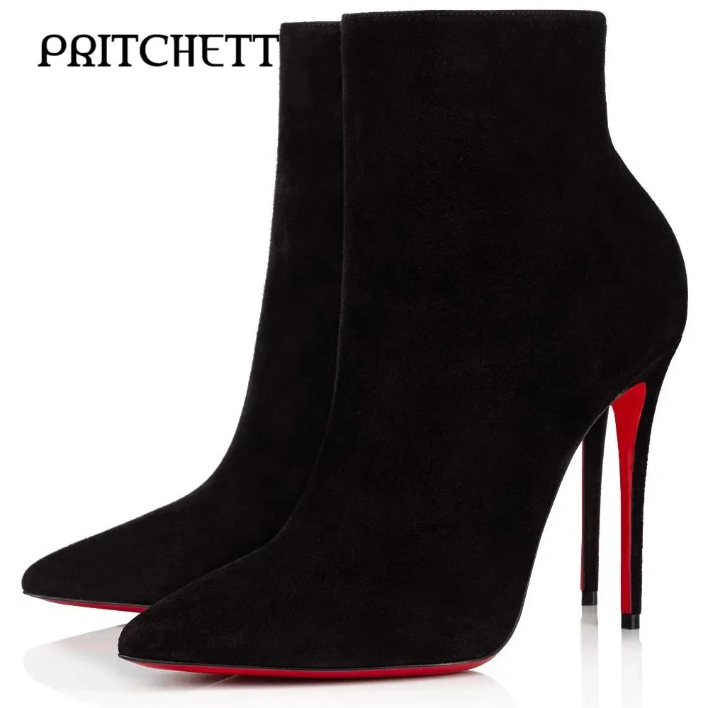 Black Suede Pointed Toe Ankle Boots Stiletto Heel Pull-On Elastic Boots Fashionable Large Size Sexy Temperament Women's Boots