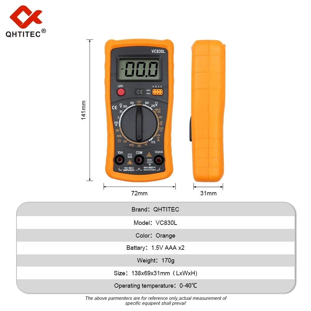 QHTITEC VC830L Multímetro Digital AC/DC Amperímetro Volt Ohm Tester Medidor Multimetro Com Tela LCD Backlight Voltímetro Portátil