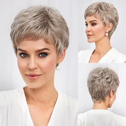 Grayish Brown Short Pixie Cut Wigs for Women with Bangs Human Hair Pixie Cut Curly Wig Natural Gray Brown Hair for Grandma