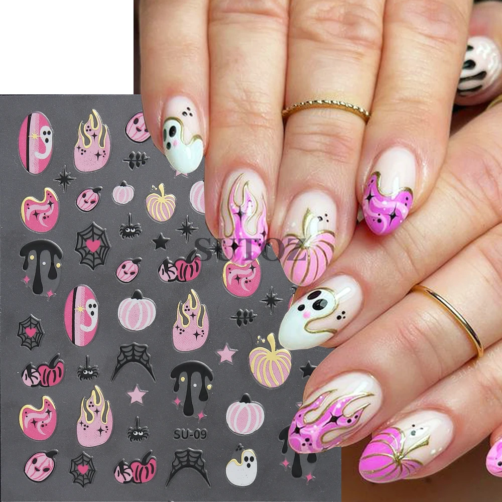 3D Cute Pumpkin Nail Stickers Cartoon Ghosts Bat Spider Web Moon Nail Decals Sliders Halloween Manicure Decoration Wraps GLSU-08